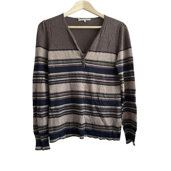 Gerard Darel Striped Metallic Sweater Women Size Small Gray V-neck Leightweight‎ - Picture 1 of 6